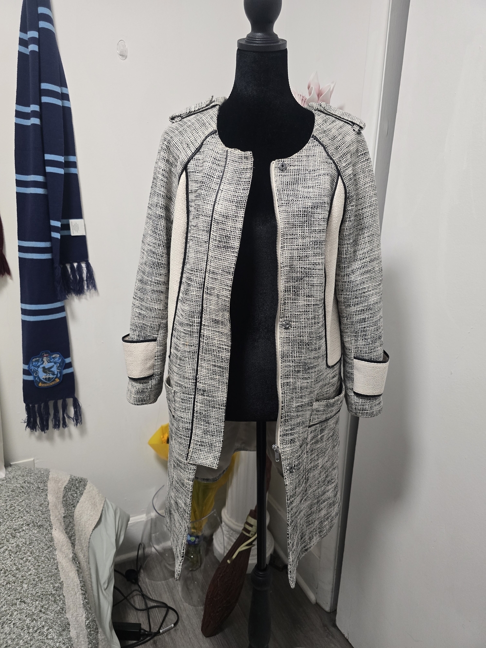 H&M Cream and Black Tweed Long Trench Coat